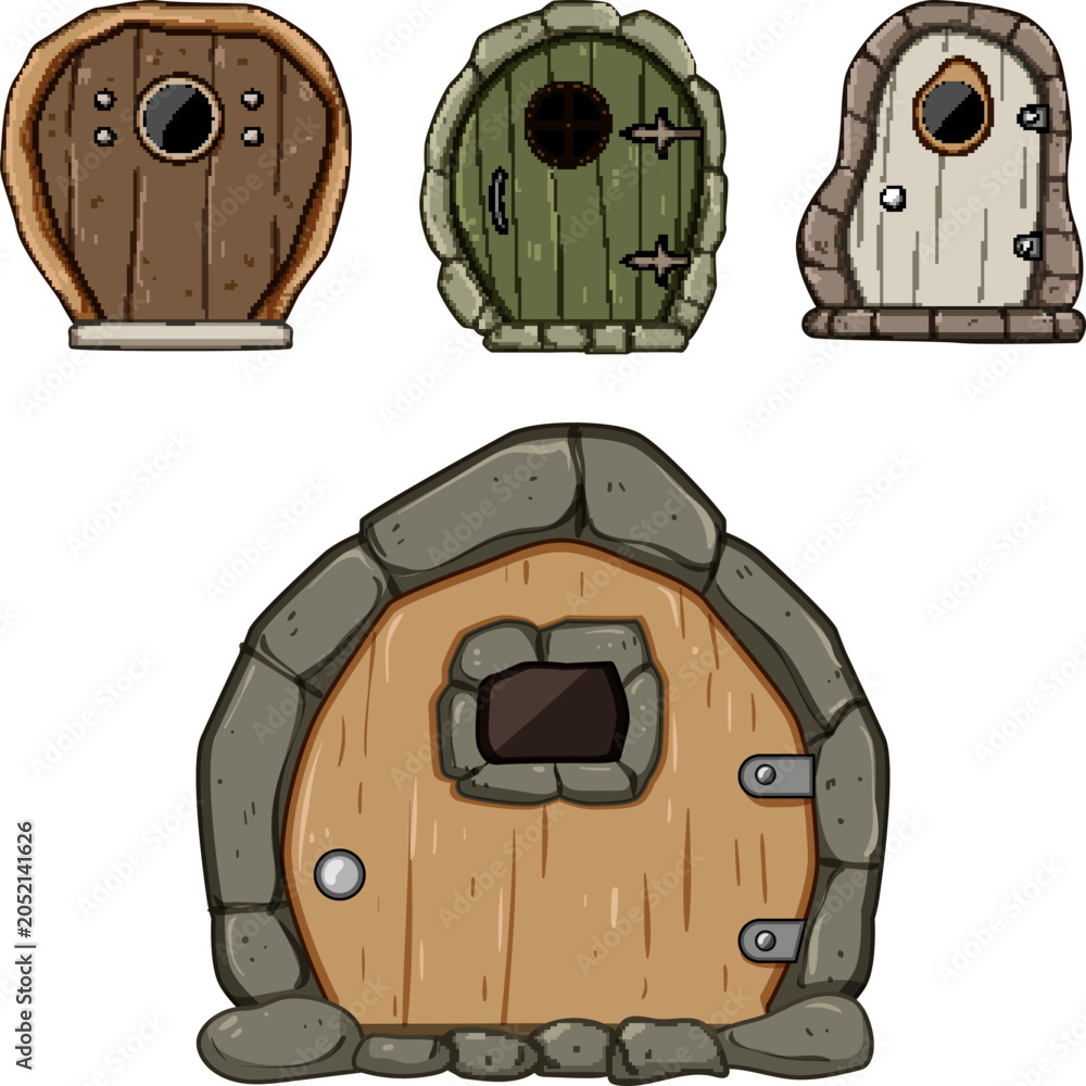 Obraz premium Whimsical wooden doors with stone accents and curved designs offer entrance to magical homes, evoking childhood wonder and imaginative storytelling for fantasy themes