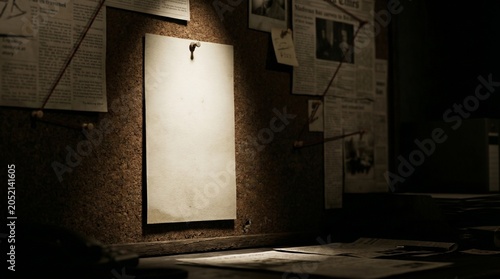 Illuminated blank paper on a dark detective investigation board