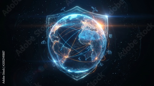 Digital globe protected by a holographic shield for cybersecurity