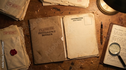 Classified intelligence dossier and top secret files on a wooden desk