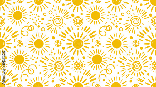 Hand drawn yellow suns seamless pattern background