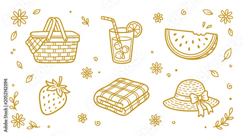 Picnic summer elements icon set line art illustration