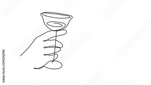 Hand holds wine clinking glass one line animation art,continuous drawing contour motion.Cheers toast festive video hand drawn decoration for holidays outline,romantic Valentine's Day design.4k self-dr