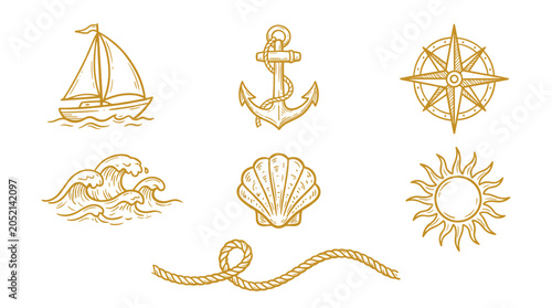 Nautical icons set with sailboat anchor and compass gold line art