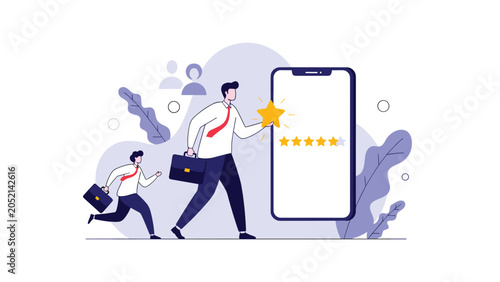 Businessman examines a large smartphone screen showing a five star rating to illustrate the importance of positive customer feedback.
