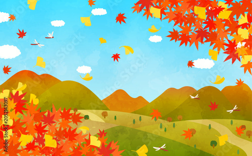 Photography 秋の紅葉と銀杏の風景のイラスト2_横