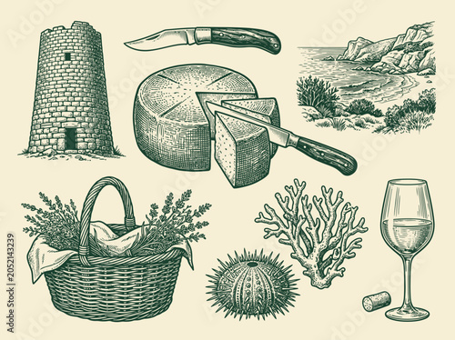 Obraz na plátne Vintage Mediterranean Culture and Coastal Lifestyle Engraved Illustration Set wi