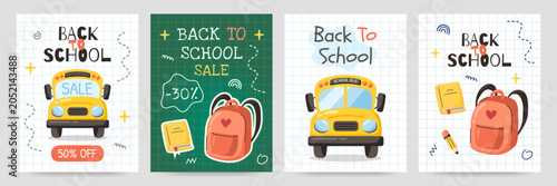 Set of Back to School posters, discount flyers. Vector illustration 