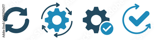 Photos Sync process icon set featuring reload symbols, circular arrows, gear wheels, re