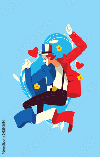 Photos Jumping performer illustration with red jacket and blue trousers vector style