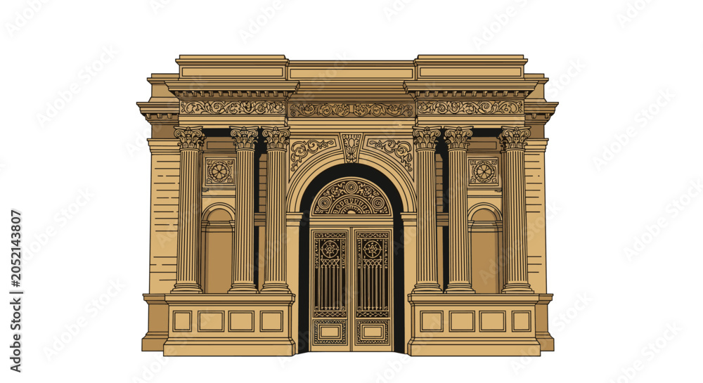 Obraz premium Detailed classical architecture drawing depicts the ornate entrance of a historical building with large columns.