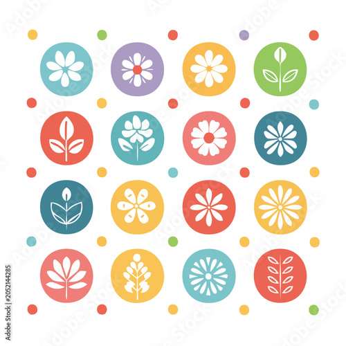 Collection of colorful flat flower and leaf icons