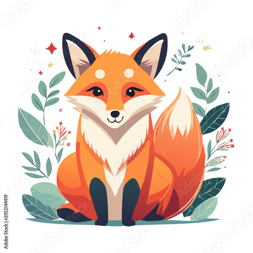 Cute cartoon fox illustration with leaves and flowers