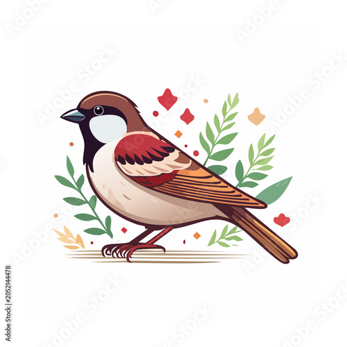 Cute sparrow bird illustration with leaves and flowers