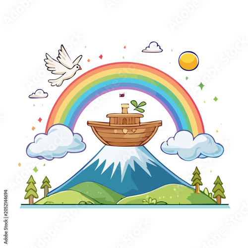 Noah's Ark on Mountain with Rainbow and Dove