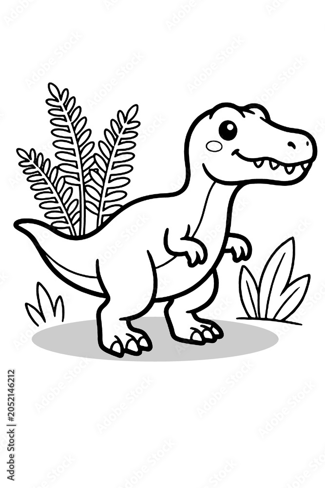 Naklejka premium Black and white outline cute cartoon dinosaur with fern leaves coloring page for kids