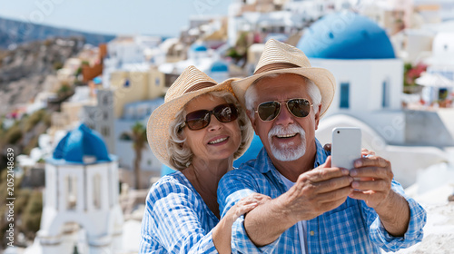 Best Ager im Urlaub machen ein Selfie auf Santorini
