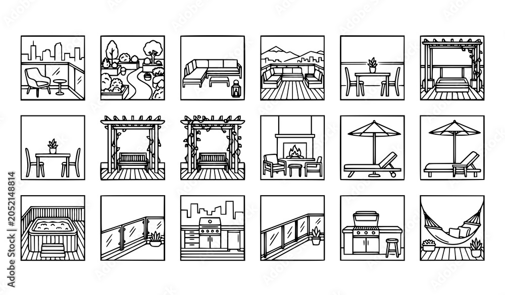 Naklejka premium Penthouse Balcony Icons Vertical Rooftop Terrace Vector Set