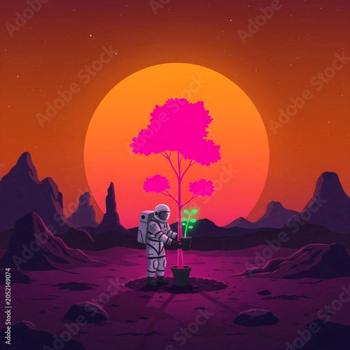 Photos Astronaut planting a vibrant pink tree on a desolate alien planet