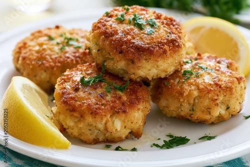 Gourmet crab cakes garnished with fresh parsley and lemon wedges on a white ceramic plate for seafood restaurant advertising