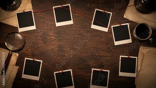 Vintage detective workspace with blank polaroid photos and investigation tools on a wooden desk