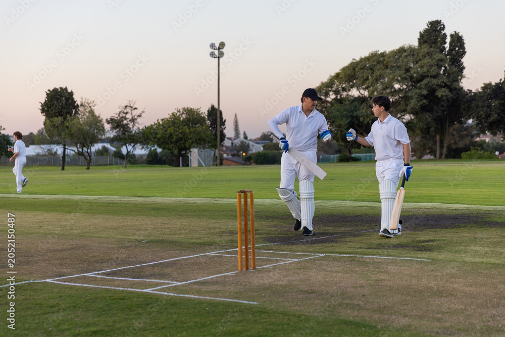 Obraz premium Two male batsmen in white pads gloves walking on dusk pitch holding wooden bats near stumps