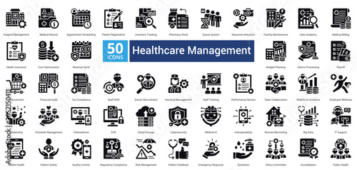 Photos Healthcare Management icon set in glyph style contains 50 icons including budget