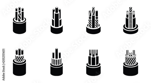 Billede på lærred Isometric cable wire bundle icon set in various styles featuring black and white