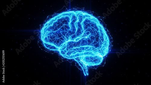 Slika na platnu Glowing digital human brain network wireframe consisting of interconnected blue nodes and neural pathways representing artificial intelligence and cognitive computing technology