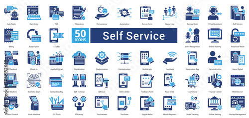 Foto Self Service icon set in two color style contains 50 icons including money manag