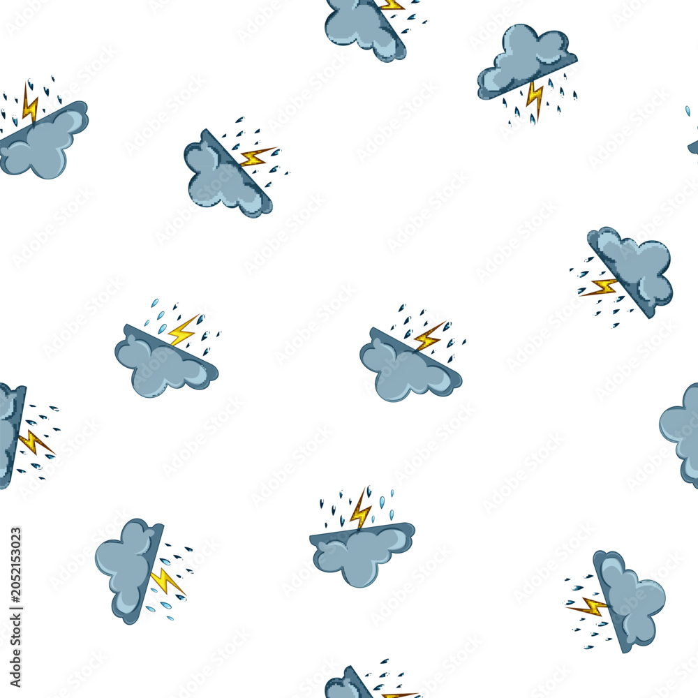 Naklejka premium pattern Grey comic cloud creating rain with falling lightning bolt, representing bad weather and illustrating natural elements for meteorological concepts and icons on a white background