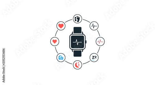 A Circular Illustration Of A Smartwatch With A Black Strap And A Black
