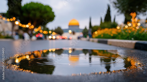 Close low angle puddle reflection of golden dome with bokeh lights for isra miraj observance wallpaper and social media background with rain ripple detail