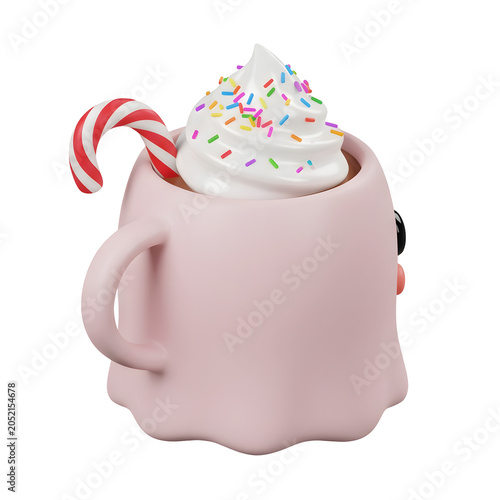Cute Ghost Mug with Whipped Cream, Sprinkles, and Candy Cane