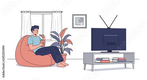 Man relaxing in a comfortable bean bag chair while watching television and enjoying a bowl of snacks in a cozy living room.