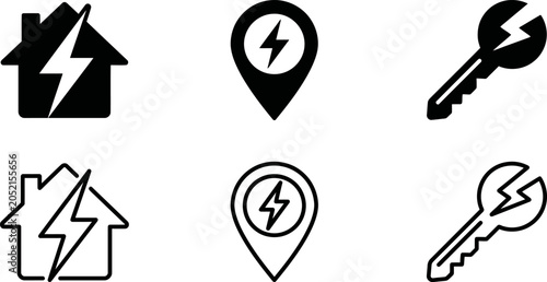Foto real estate electric icon set in monochrome silhouette style with location and l