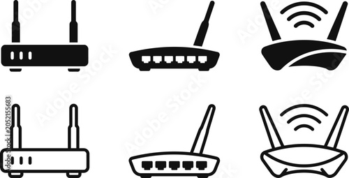 router network icon silhouette collection with wifi signal and ethernet ports in black