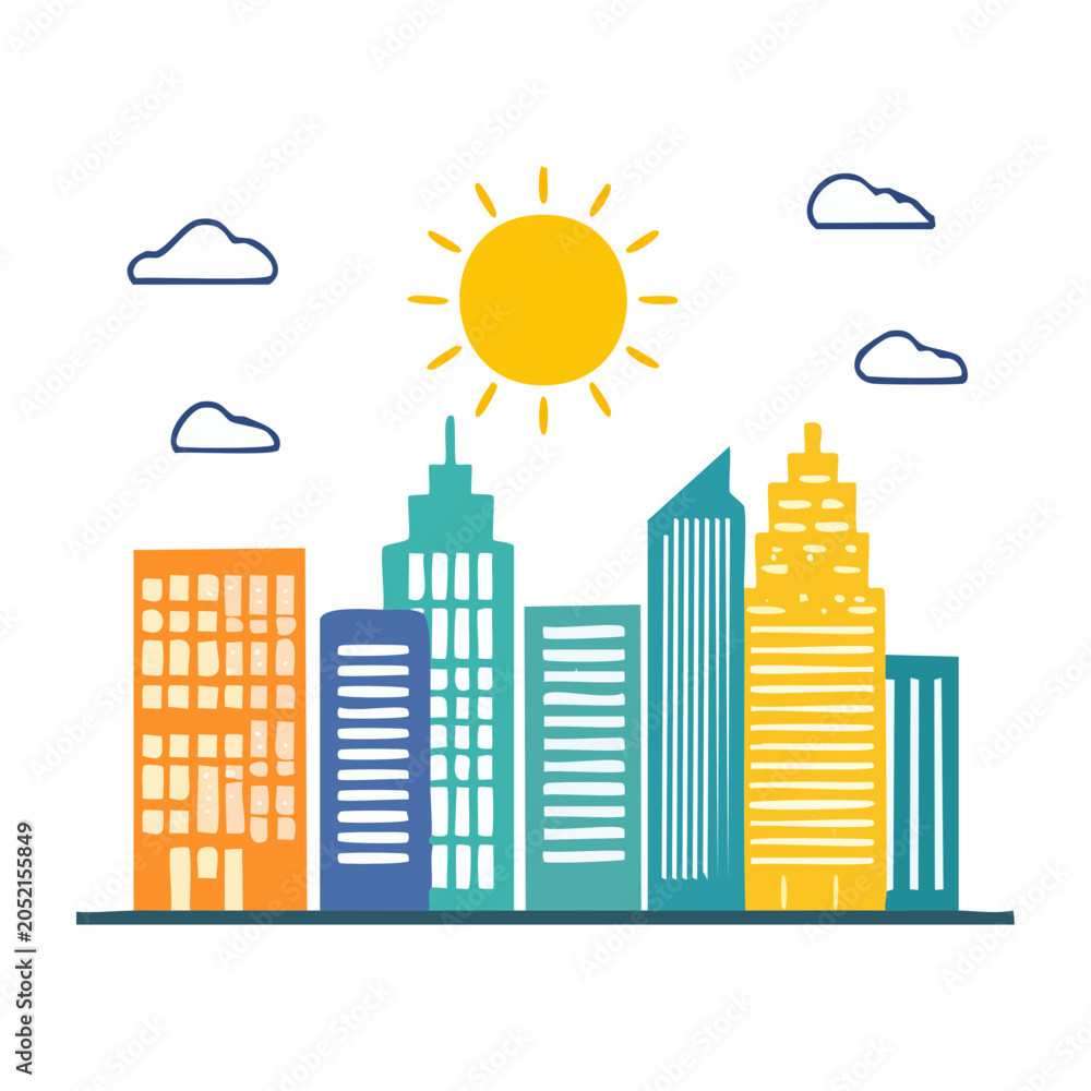 Obraz premium Flat design city skyline with sun and clouds
