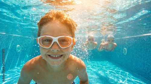 Underwater, smiling child, swimming goggles, kids playing in pool