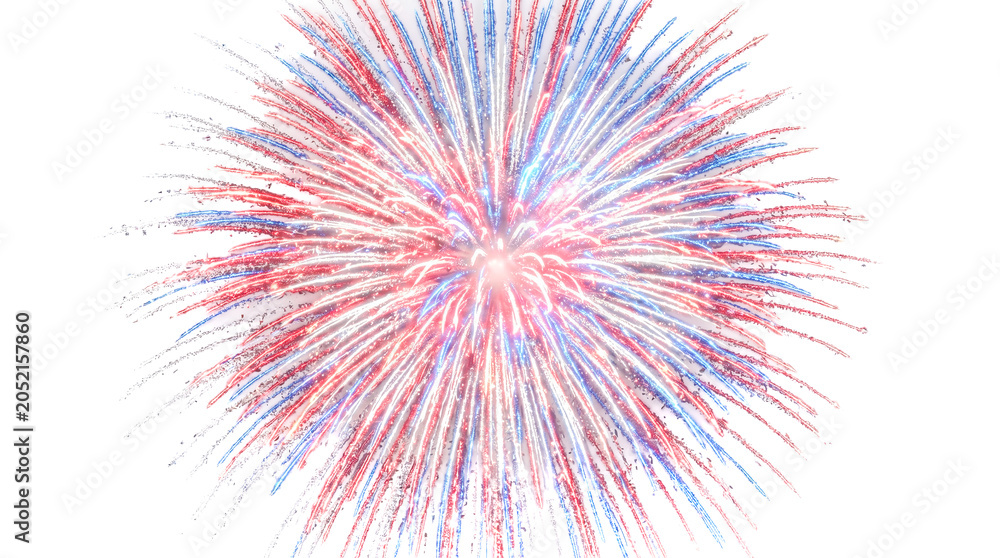 Obraz premium Bright patriotic red white blue fireworks explosion bursting dynamically across pure isolated white background celebrating independent day holiday event national anniversary
