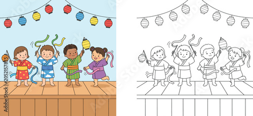 Εκτύπωση καμβά Children dancing in traditional Japanese yukata at summer festival with lanterns