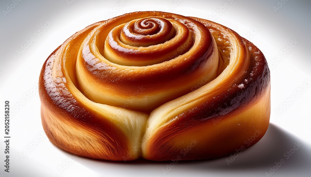 Fototapeta premium Large cinnamon roll with sweet spiral layers and golden baked texture, isolated on clean white background