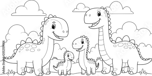 Fotografie Cute cartoon dinosaur family with parents and babies coloring page vector illustration