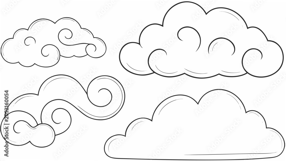 Fototapeta premium Cloud shapes rendered as a line drawing on a white background