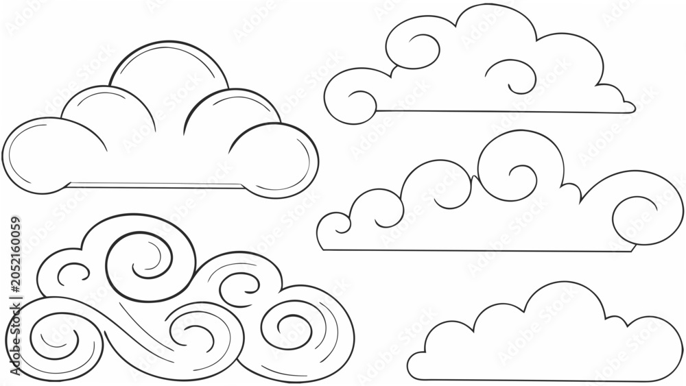 Fototapeta premium Variety Of Cloud Shapes As A Black And White Line Illustration