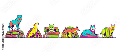 Billede på lærred Colorful wolf vector illustration set featuring wild wolves howling, standing, and lying on wooden logs, vibrant neon animal icons pack isolated on white background banner for creative design