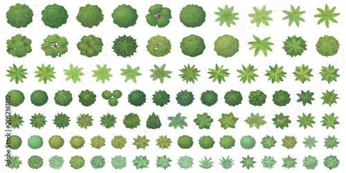 Foto Large collection of flat vector green trees and shrubs seen from above for archi