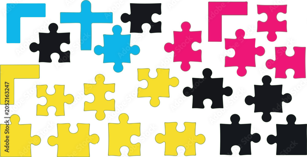 Fototapeta premium Assorted jigsaw puzzle pieces flat vector illustration on white background