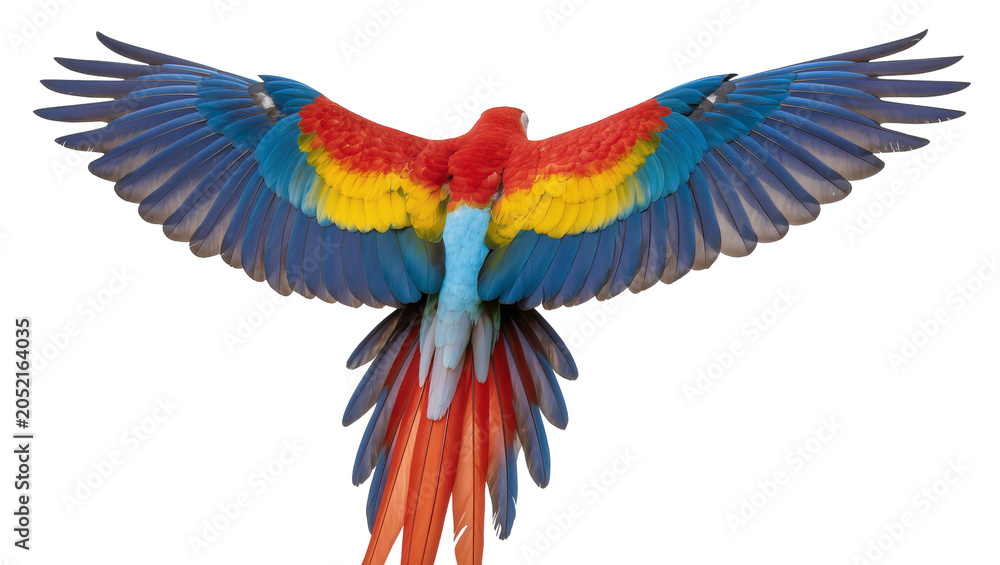 Obraz premium Scarlet Macaw parrot with spread wings vibrant blue red yellow, and green feathers
