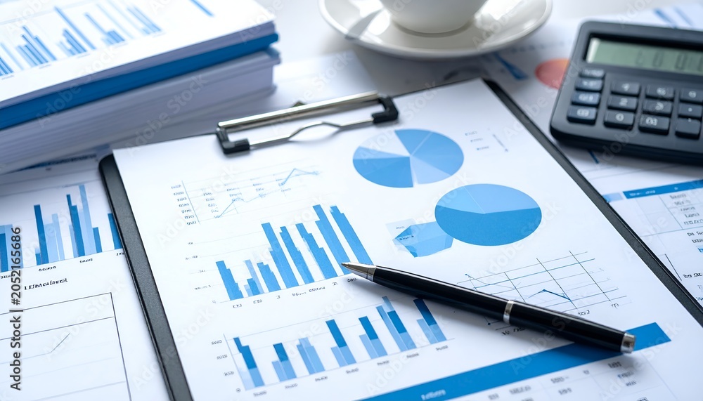 Obraz premium Blue charts and graphs rest on a clipboard. Pen lies beside them, poised for notes